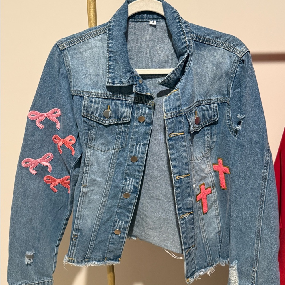 Denim Jacket with Pink Script Faith Embroidery - Picture 3 of 5